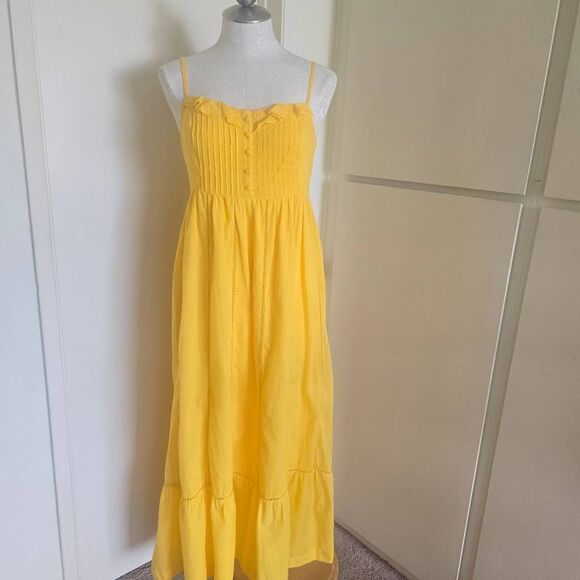 Anthropologie Maeve Yellow Pintuck Button Front Smocked Back Maxi Dress , EUC, S - Picture 4 of 16